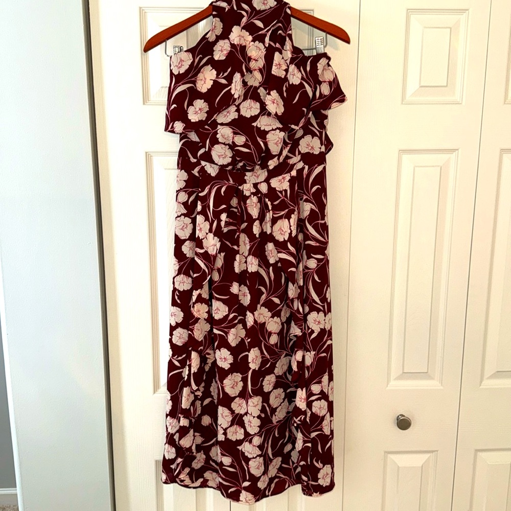 Lauren Conrad Maroon & White Floral Halter Sleeveless Maxi Dress - 16